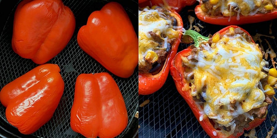 showing peppers in the air fryer basket - both plain and stuffed