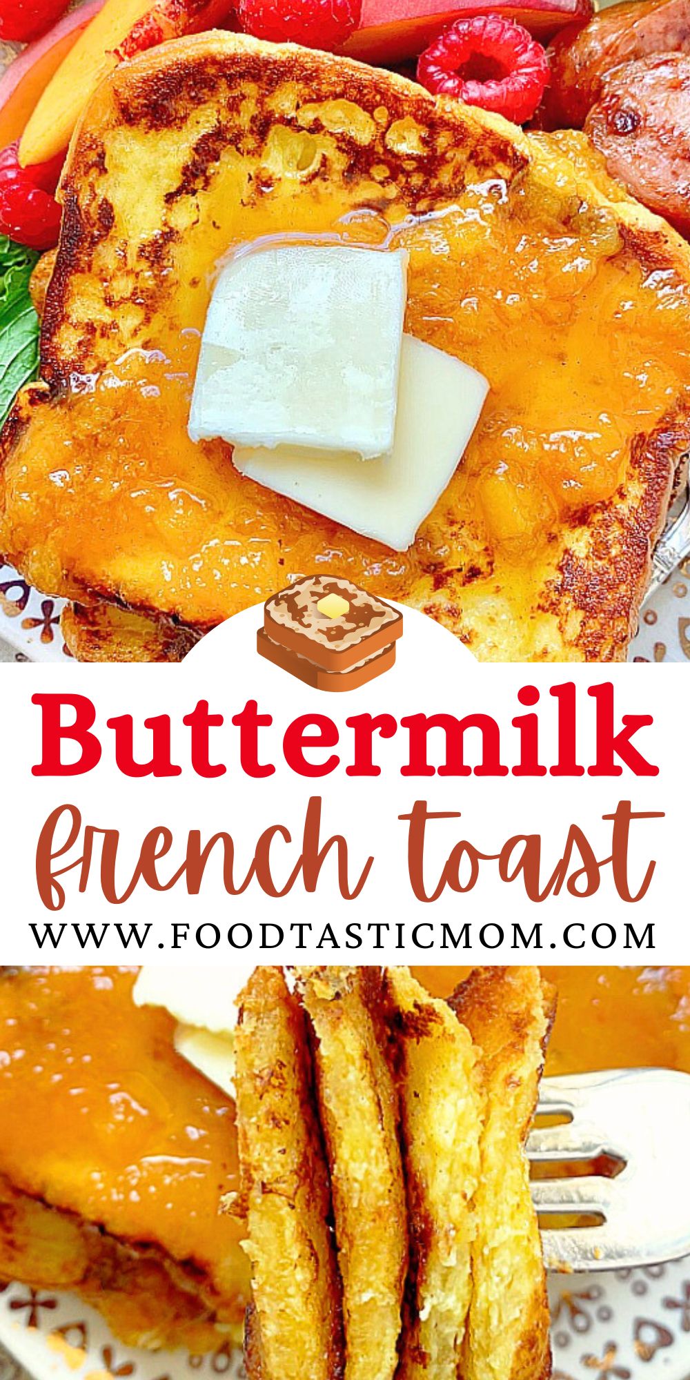 This Buttermilk French Toast topped with Peach Syrup is a main dish worthy of a fancy bed and breakfast but is really simple to prepare. via @foodtasticmom