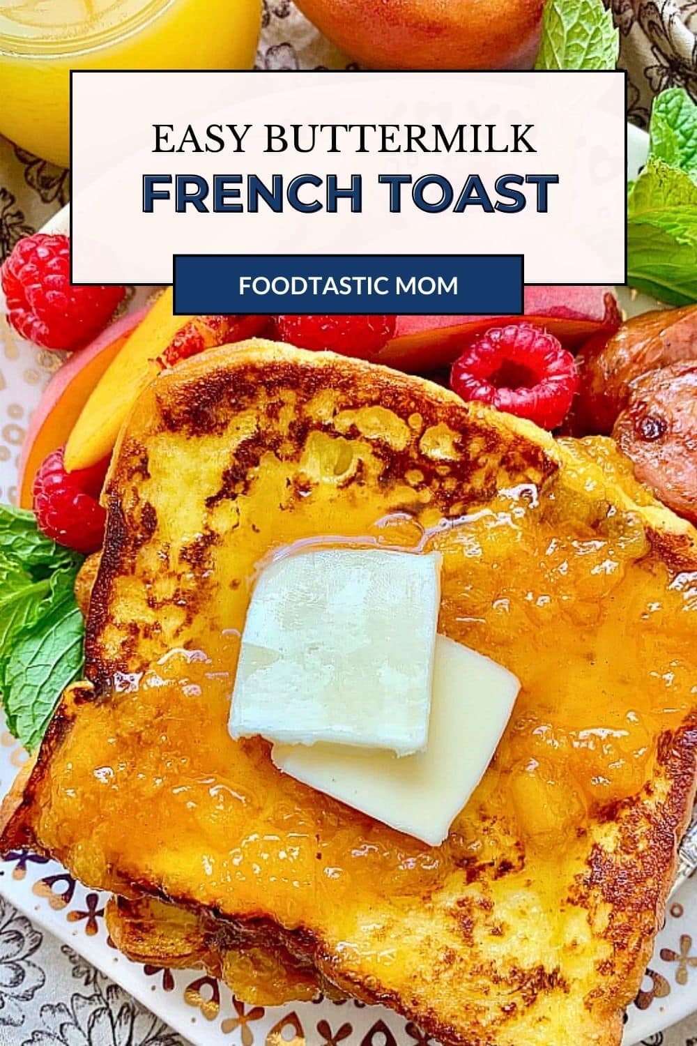 This Buttermilk French Toast topped with Peach Syrup is a main dish worthy of a fancy bed and breakfast but is really simple to prepare. via @foodtasticmom