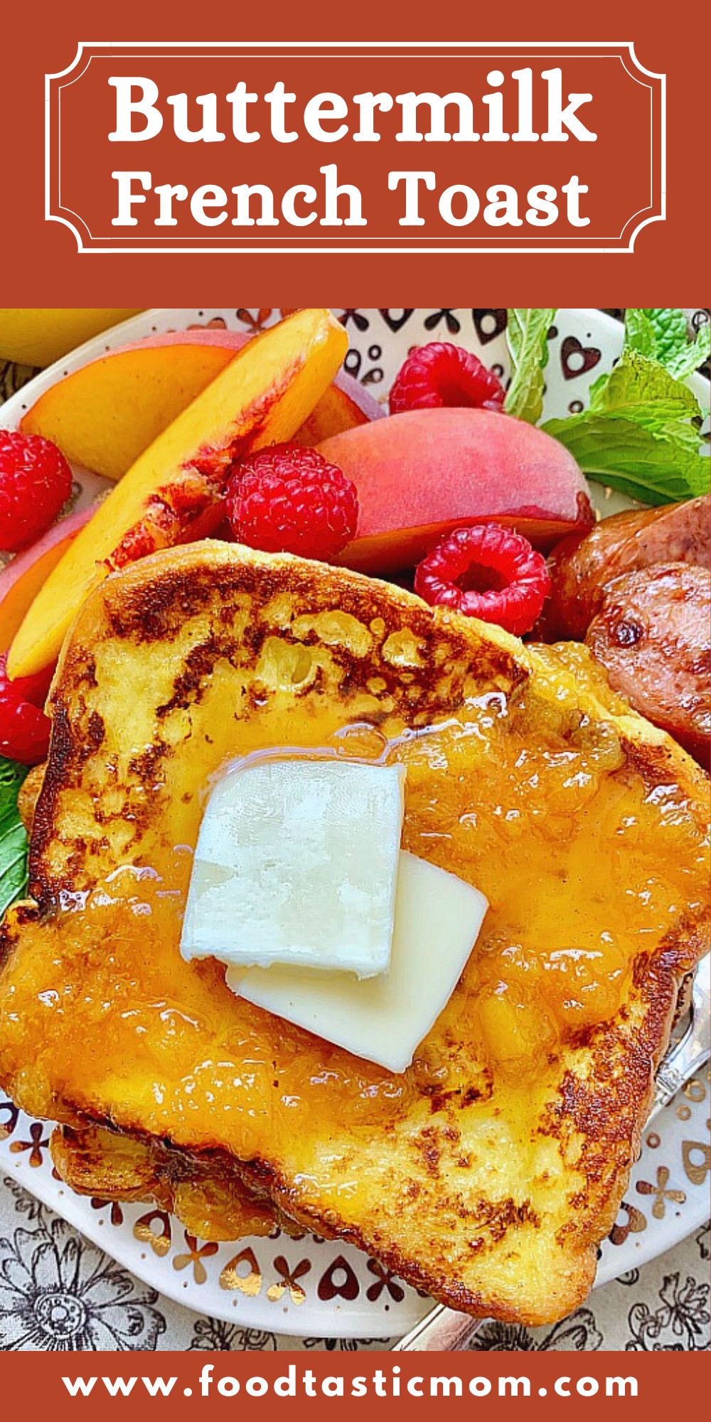 This Buttermilk French Toast topped with Peach Syrup is a main dish worthy of a fancy bed and breakfast but is really simple to prepare. via @foodtasticmom