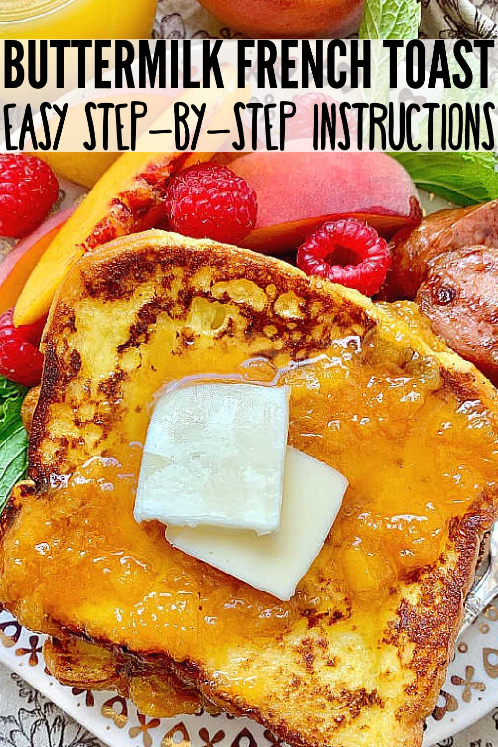 This Buttermilk French Toast topped with Peach Syrup is a main dish worthy of a fancy bed and breakfast but is really simple to prepare. via @foodtasticmom