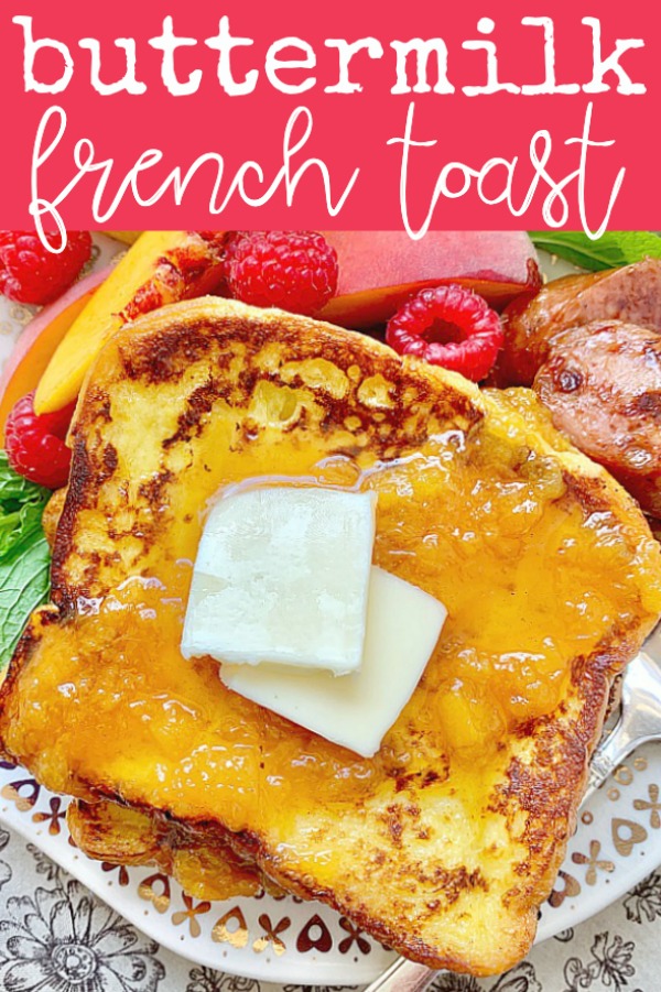 This Buttermilk French Toast topped with Peach Syrup is a main dish worthy of a fancy bed and breakfast but is really simple to prepare. via @foodtasticmom