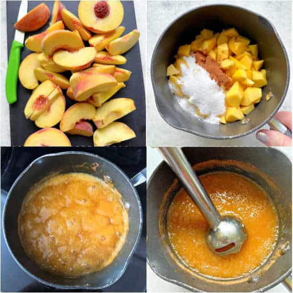 photo collage of how to make peach syrup