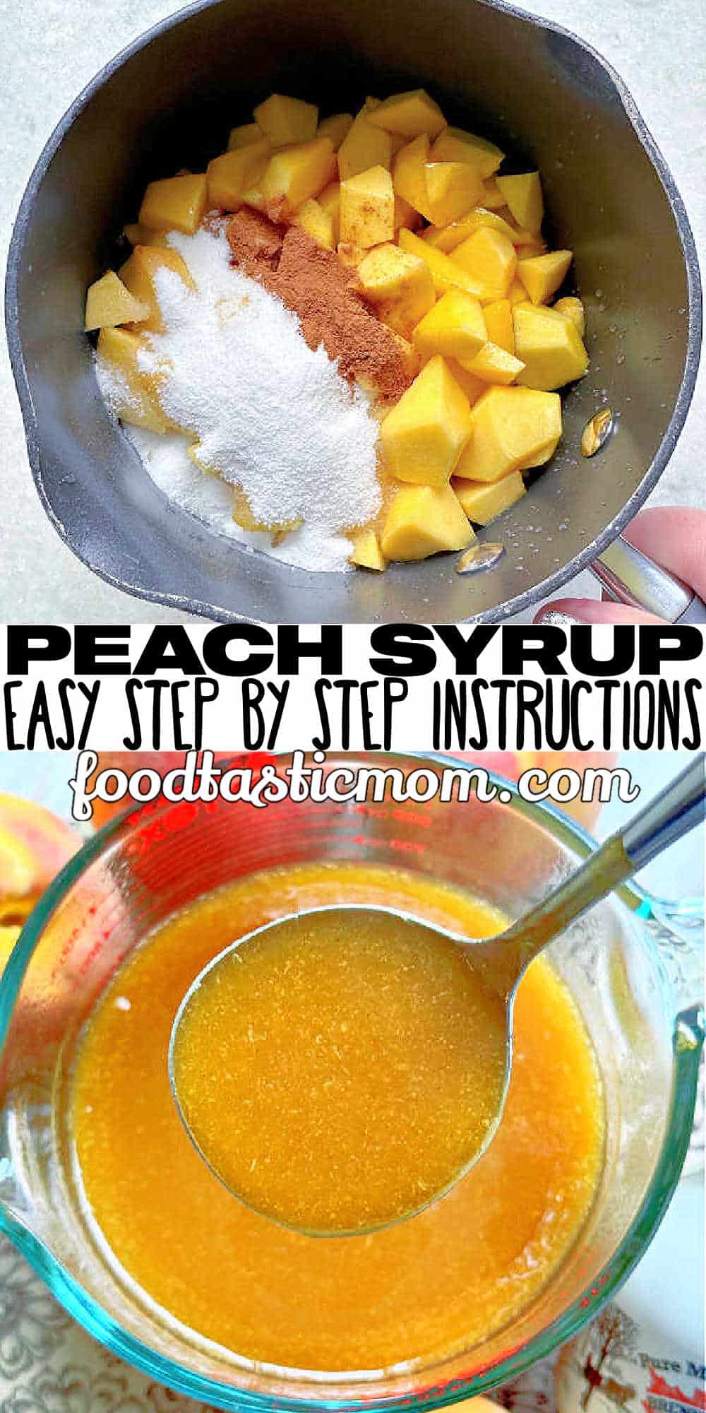Homemade Peach Syrup is perfect for topping sweet breakfast treats and so much more! It can be made with either fresh or frozen peaches. via @foodtasticmom