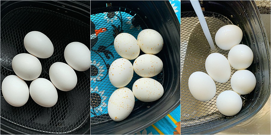 air fryer hard cooked eggs in the basket of the air fryer and being rinsed off