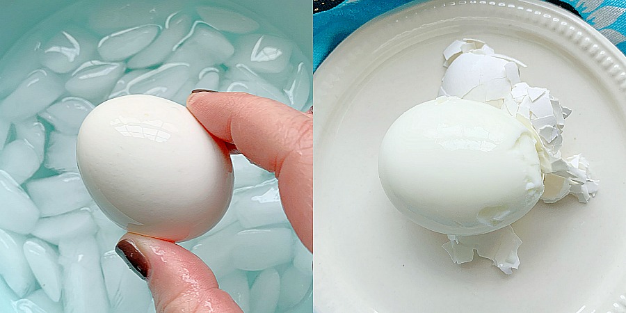 air fryer eggs in an ice bath and being peeled