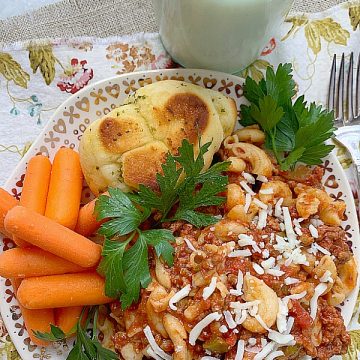 overhead view of slow cooker beef goulash