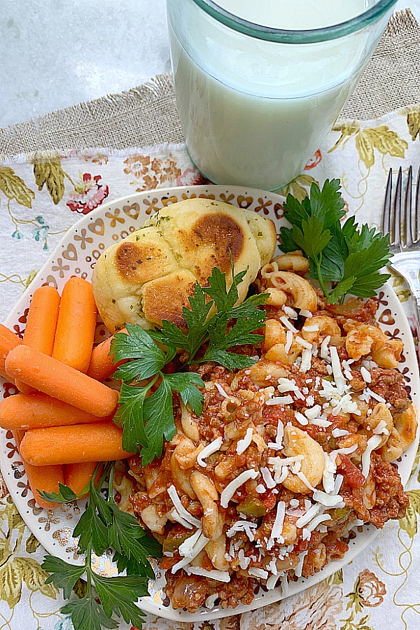 overhead view of slow cooker beef goulash