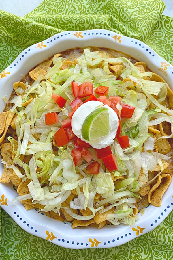 overhead view of frito pie in a pie plate