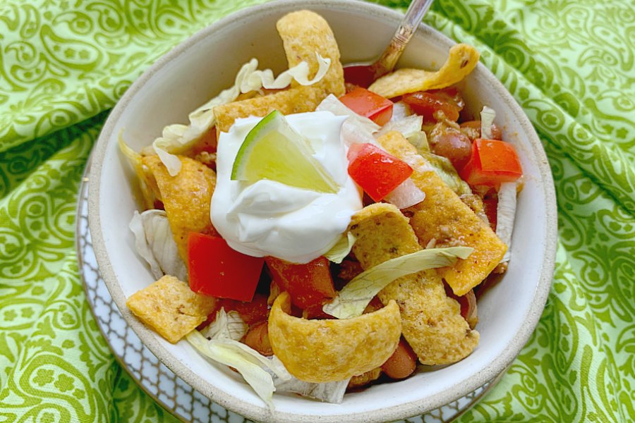 horizontal crop of frito pie recipe