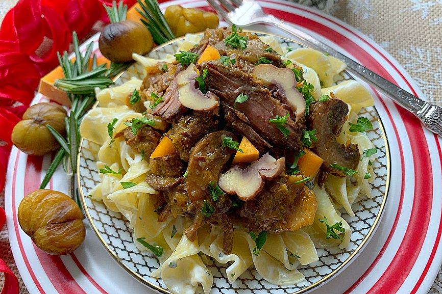 horizontal crop of chestnut beef stew