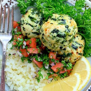 air fryer turkey meatballs plated with cauliflower rice and tabbouleh