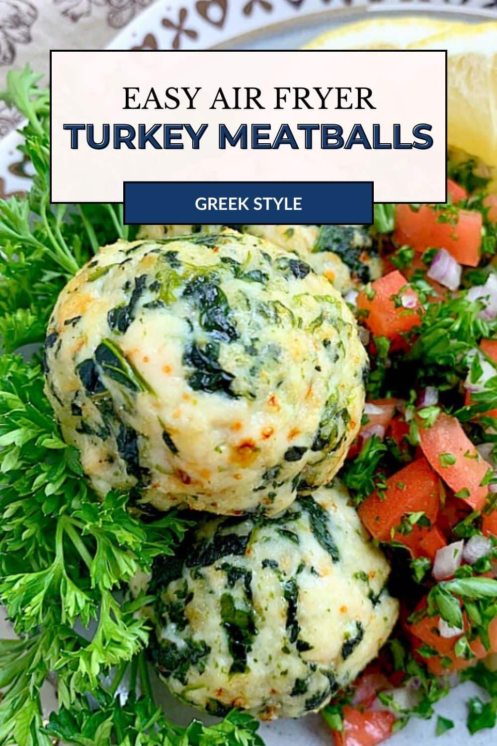 These air fryer turkey meatballs are healthy, delicious and have a Greek flair with spinach and feta cheese. They are perfect for meal prep. via @foodtasticmom
