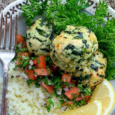air fryer turkey meatballs on a plate with cauliflower rice