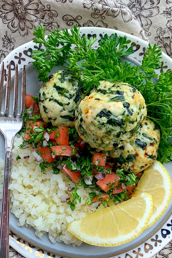 air fryer turkey meatballs on a plate with cauliflower rice