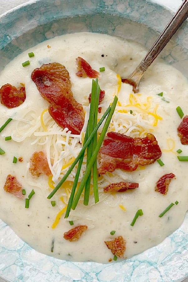 close up view of easy loaded baked potato soup
