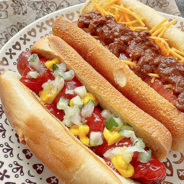 air fryer hot dog topped with ketchup, mustard and relish
