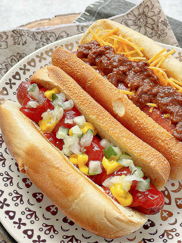 air fryer hot dog topped with ketchup, mustard and relish