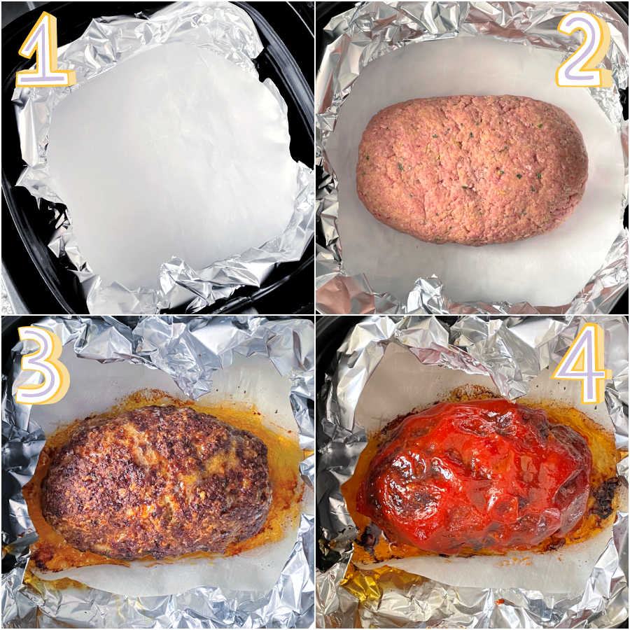 a picture collage showing the process of air frying the meatloaf from start to finish