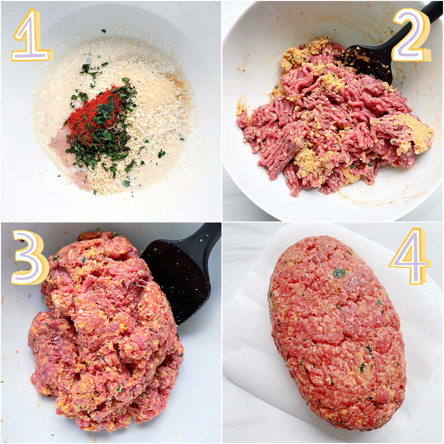 a picture collage showing the process of making the air fryer meatloaf