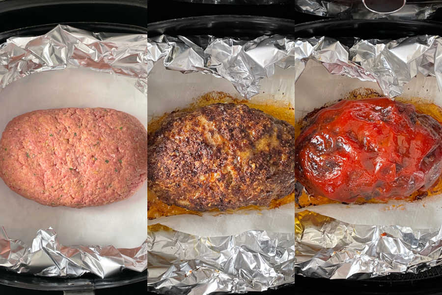 collage of meatloaf cooking in the air fryer at different stages
