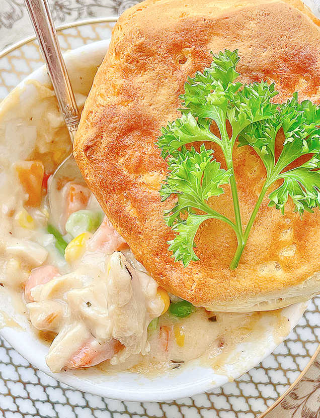 taking a peek at the filling of the air fryer pot pie