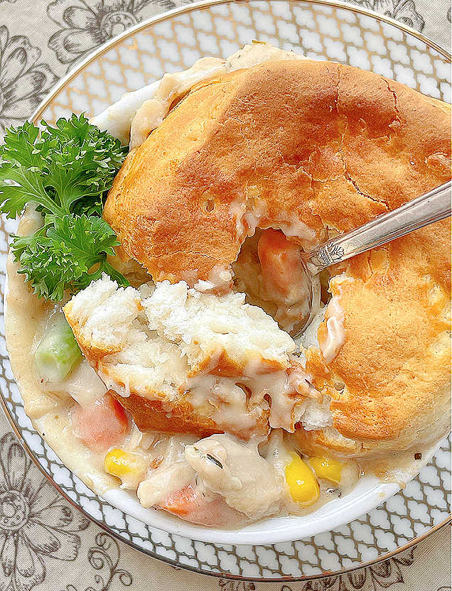 taking a bite of the air fryer pot pie