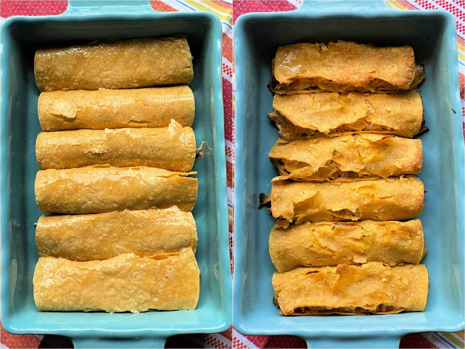 showing the corn tortillas before and after being oven fried