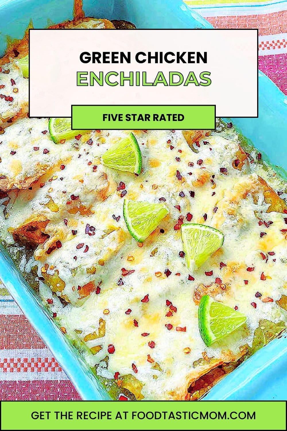 These Green Chicken Enchiladas bake in a high heat oven to improve the texture of the corn tortillas. They are a quick and easy dinner to make. via @foodtasticmom