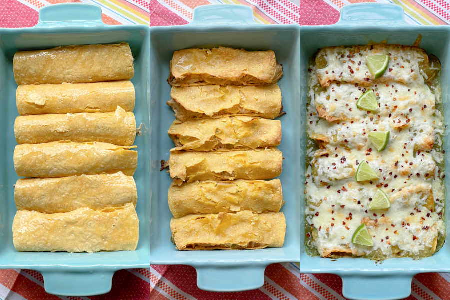 green chicken enchiladas before and after baking