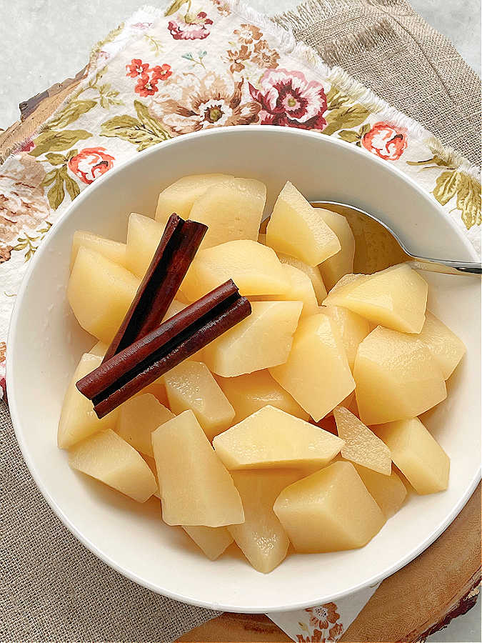 a bowl full of stewed pears