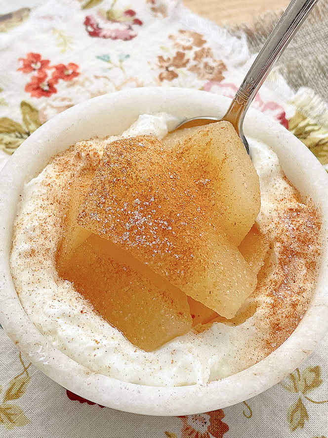 stewed pears with yogurt topped with cinnamon sugar