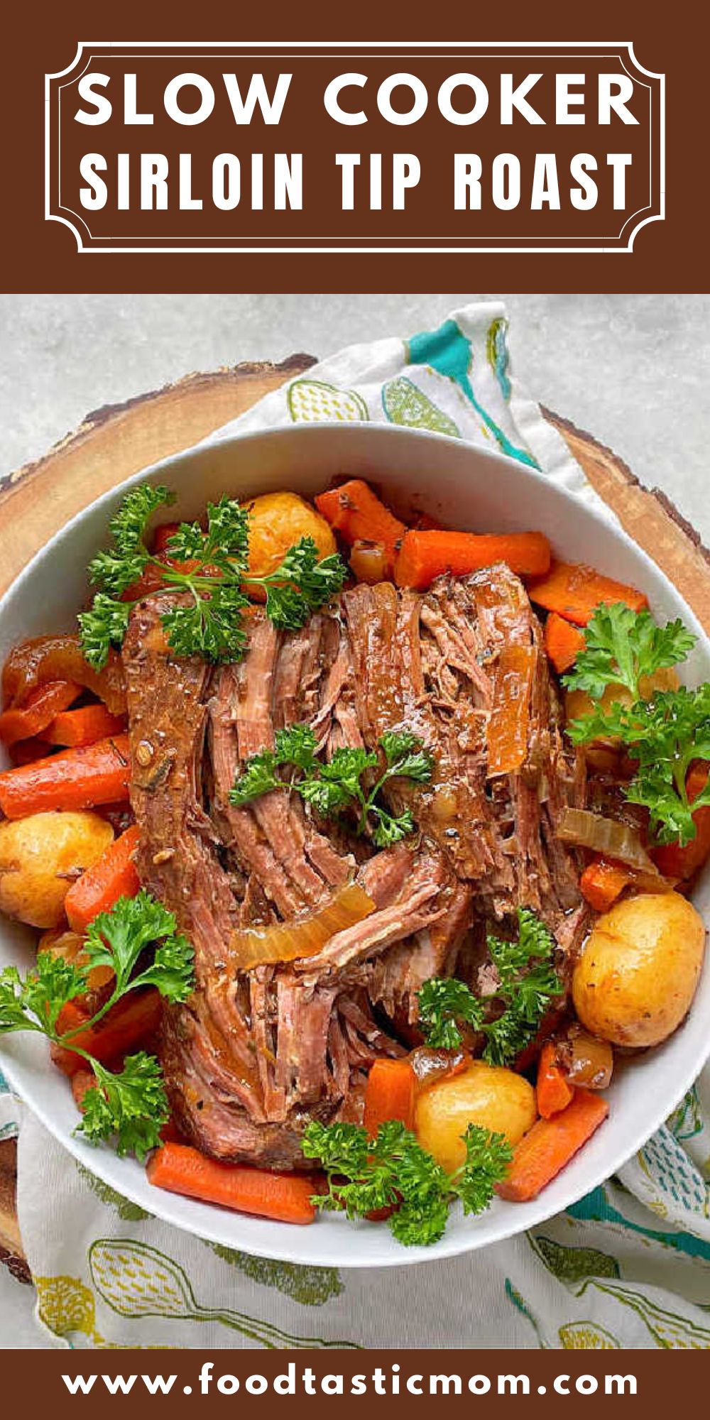 Slow Cooker Sirloin Tip Roast uses simple ingredients like beef stock, apple juice, tomato juice and butter. It's perfect for a special occasion. via @foodtasticmom