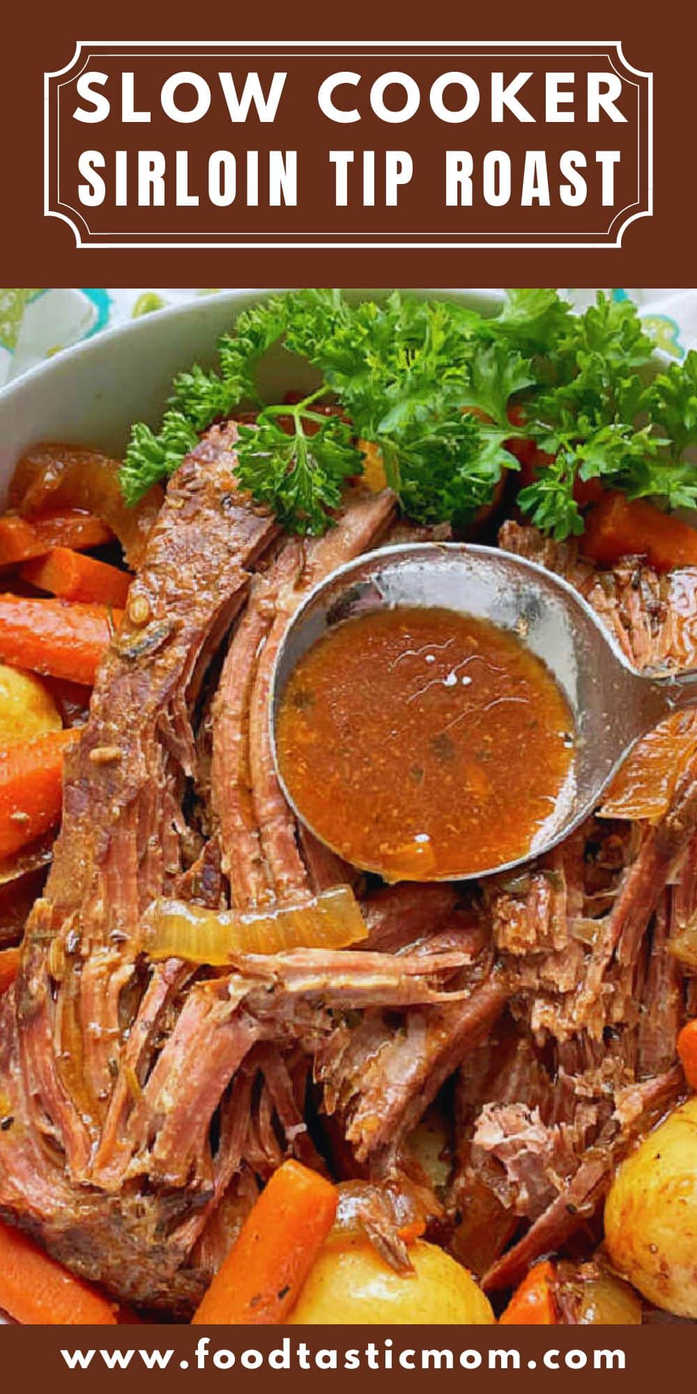 Slow Cooker Sirloin Tip Roast uses simple ingredients like beef stock, apple juice, tomato juice and butter. It's perfect for a special occasion. via @foodtasticmom