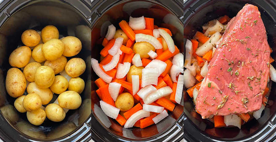 three pictures showing how to layer the ingredients - first butter and potatoes, then carrots and onions, then the beef roast