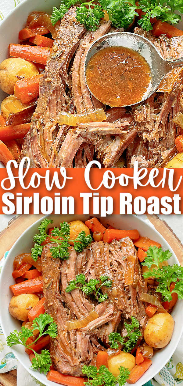 Slow Cooker Sirloin Tip Roast uses simple ingredients like beef stock, apple juice, tomato juice and butter. It's perfect for a special occasion. via @foodtasticmom