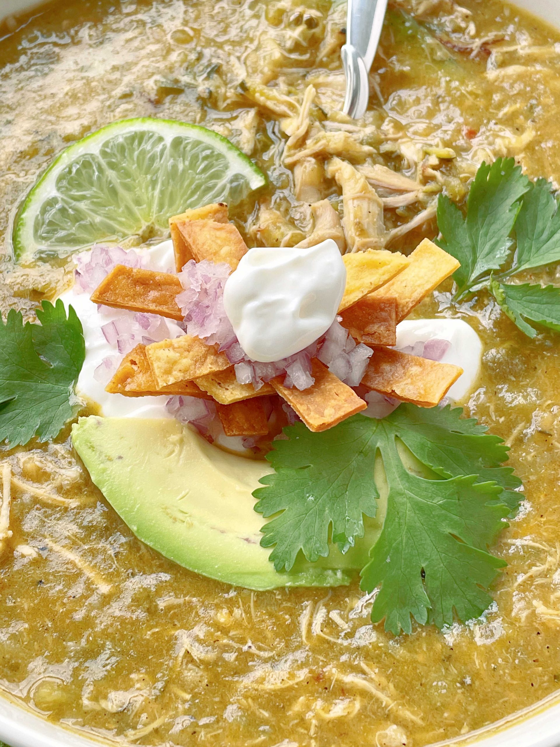 close up of the topping on green chicken enchilada soup