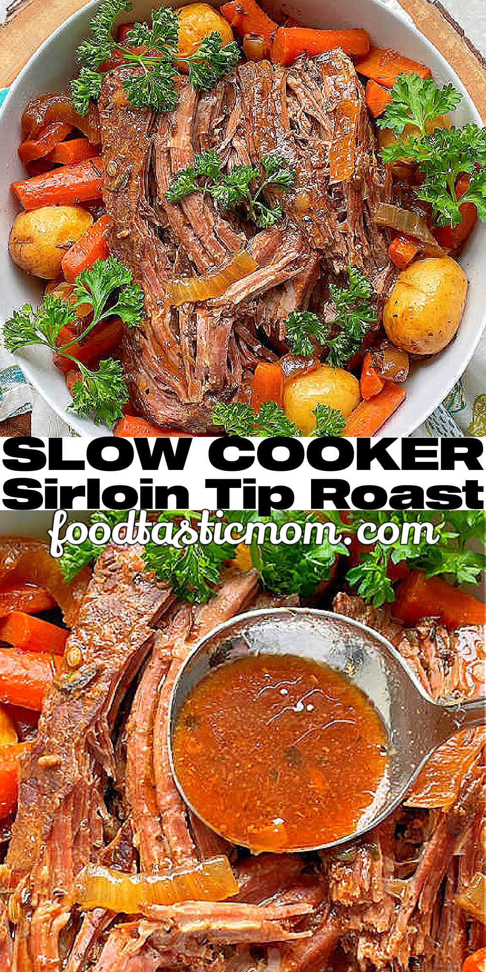 Slow Cooker Sirloin Tip Roast uses simple ingredients like beef stock, apple juice, tomato juice and butter. It's perfect for a special occasion. via @foodtasticmom