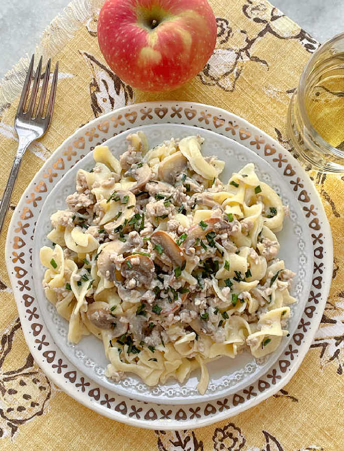 plated pork stroganoff with a glass of wine and apple on the side