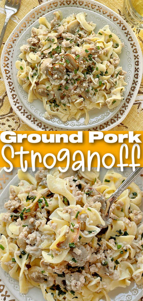 Pork Stroganoff is quick, creamy, comfort food with a lighter twist. Tender pork combines with buttery mushrooms and sweet apples in a tangy sour cream sauce. via @foodtasticmom