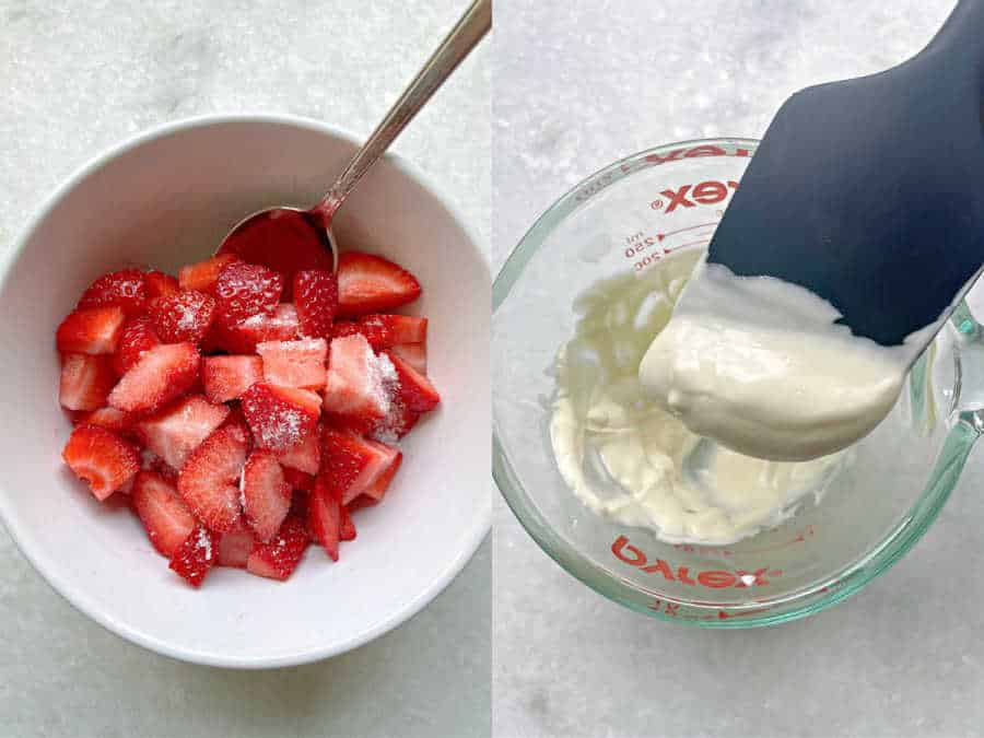 how to make air fryer cheesecakes - melting white chocolate and macerating strawberries