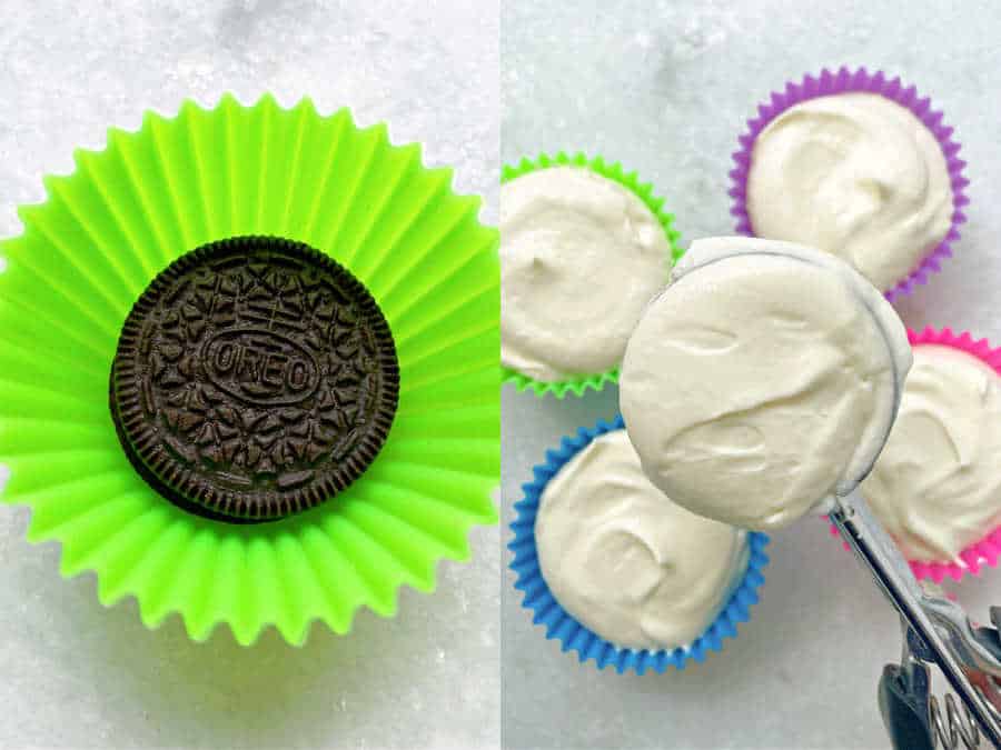 steps for how to make oreo cheesecake - oreo crust plus filling the cupcake cups