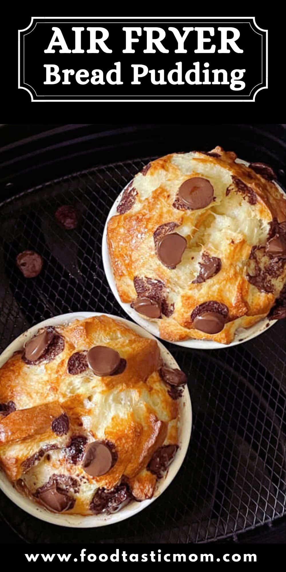 Air Fryer Bread Pudding is a decadent dessert. A soufflé like combination of bread and chocolate drenched in bourbon butter sauce. via @foodtasticmom