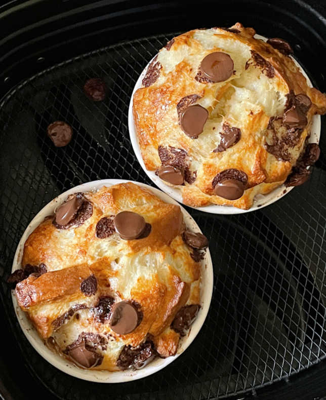 bread pudding in the basket of the air fryer