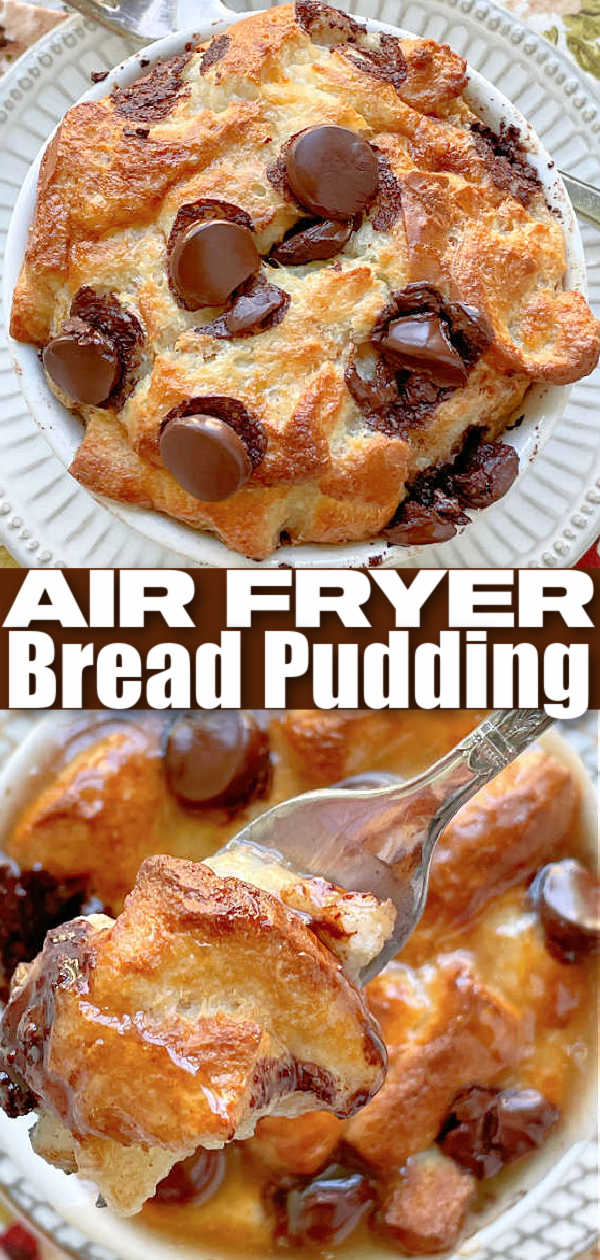 Air Fryer Bread Pudding is a decadent dessert. A soufflé like combination of bread and chocolate drenched in bourbon butter sauce. via @foodtasticmom