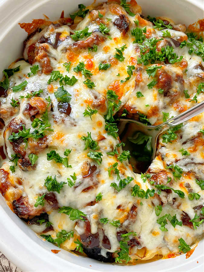 bbq mac and cheese in the baking dish