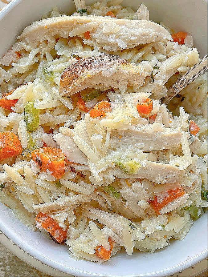 creamy chicken risoni in a bowl