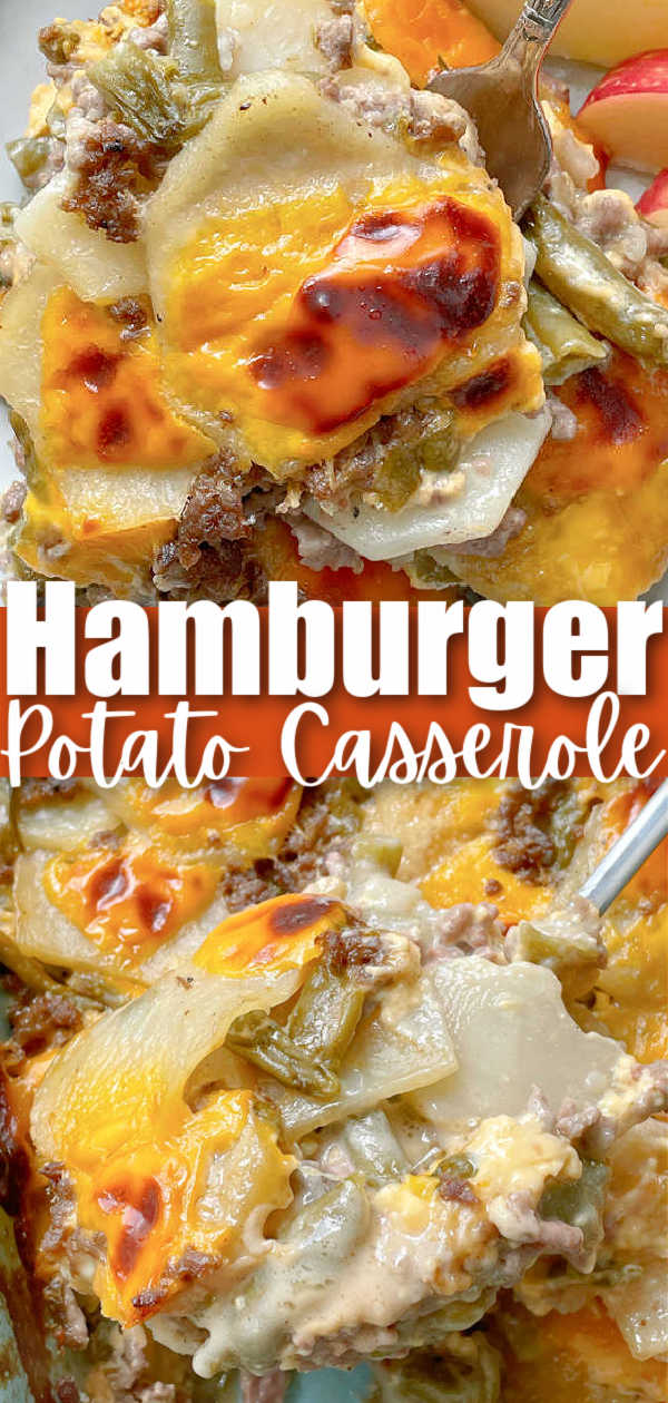 Hamburger Potato Casserole combines potatoes with ground beef and green beans in a velvety cheese sauce. It is pure comfort food.  via @foodtasticmom