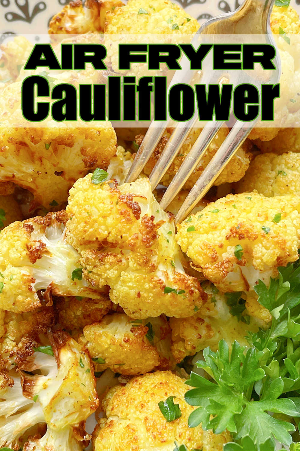 Air Fryer Cauliflower is such a great side dish to make. Fresh cauliflower, a little curry powder and salt cook to perfect crisp tenderness. via @foodtasticmom