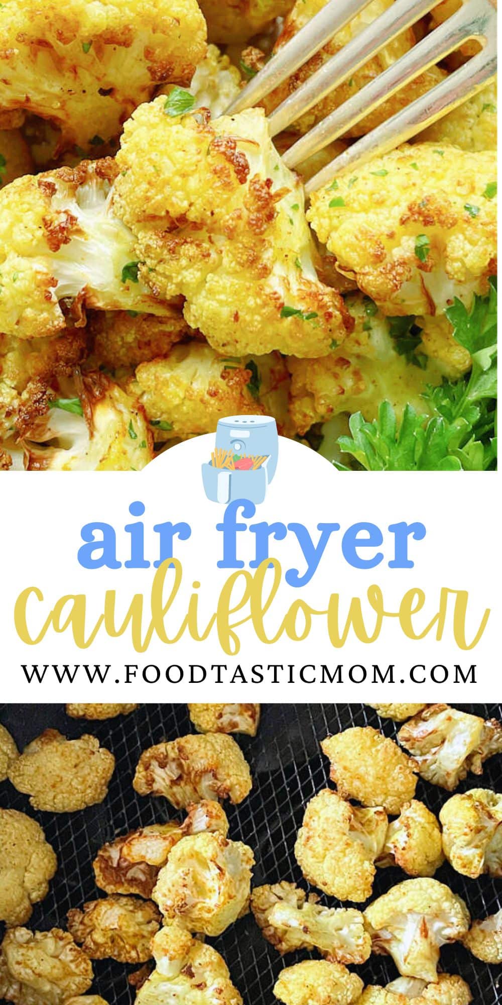 Air Fryer Cauliflower is such a great side dish to make. Fresh cauliflower, a little curry powder and salt cook to perfect crisp tenderness. via @foodtasticmom